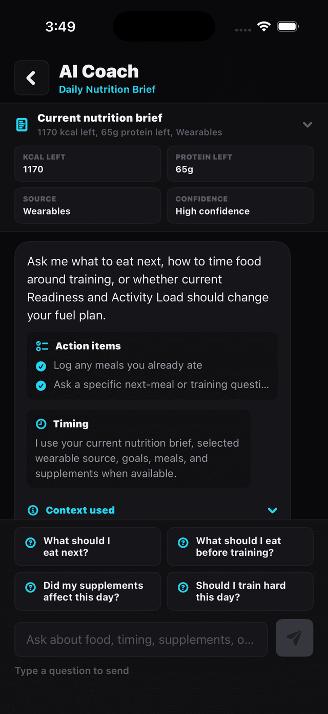 AURA FUEL AI Coach using the current Daily Nutrition Brief