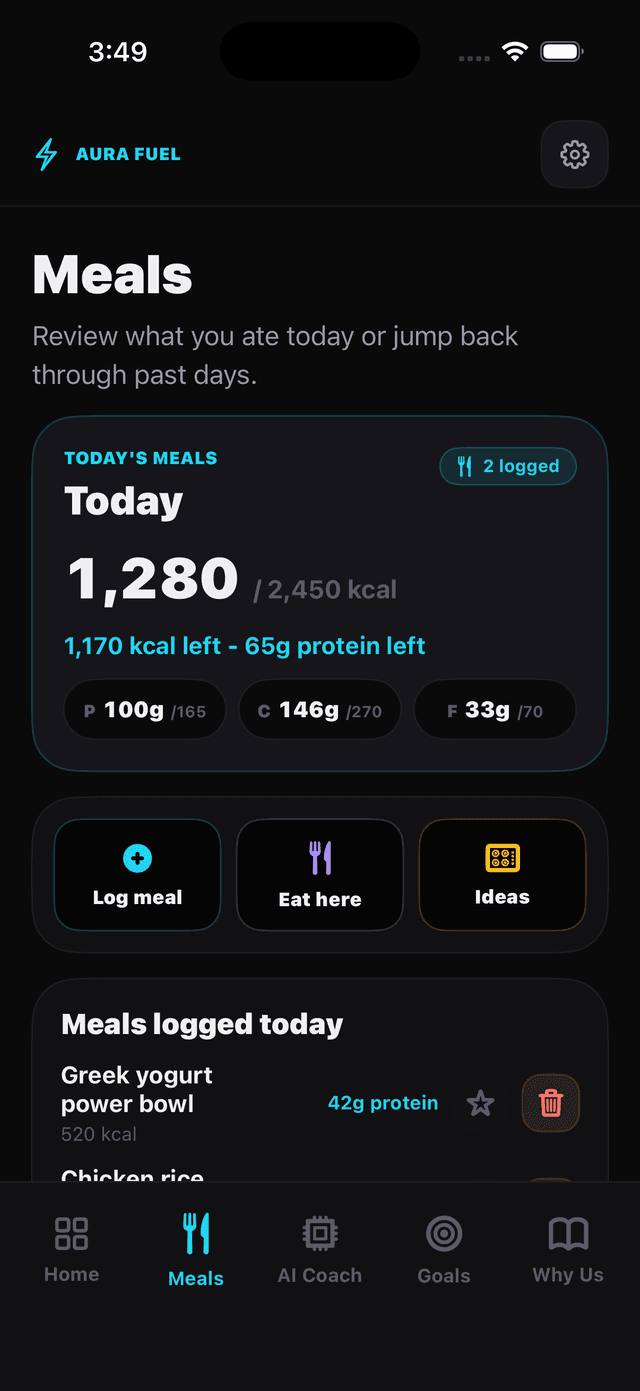 AURA FUEL Meals screen with today summary, meal tools, and logged meals